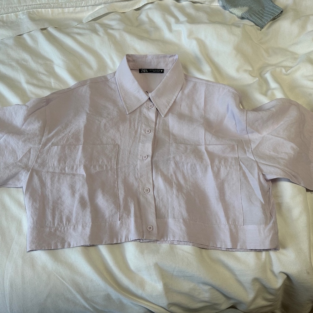 ZARA cropped button down short sleeve top